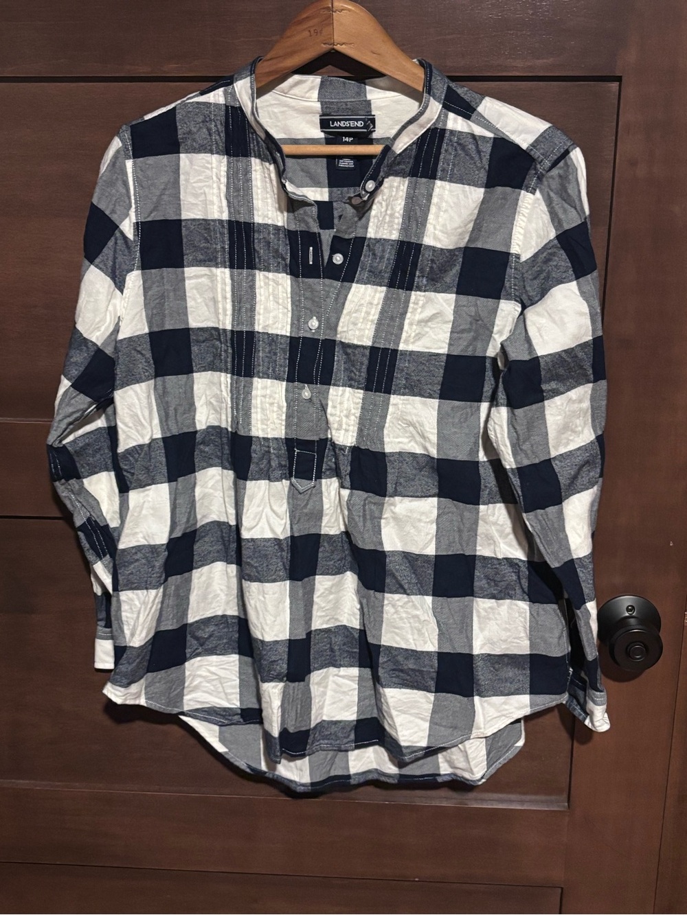 Lands' End Navy and White Buffalo Check Henley Blouse